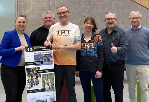 Werben für das Triathlon-Event: Julia Wieland (von links), Andreas Ebel, Joachim Fleig, Caroline Zanger, Frank Burghardt und Jochen Stöckle.