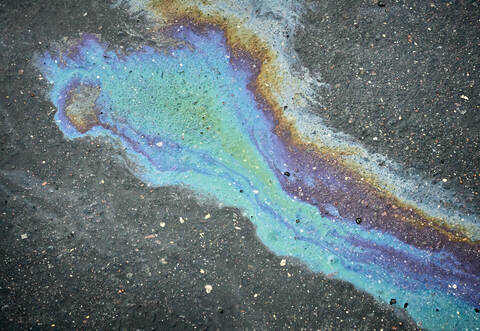 A vibrant oil spill spreads across the dark asphalt, revealing shades of blue, purple, and green. The unique patterns draw atten