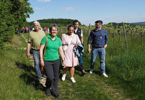 Fritz Dittus, Christin Grüne, Hauptamtsleiterin Nastassia Di Mauro, Bürgermeister Steffen Bochinger und Planer Altan Cicek (von links) probieren den neuen Wanderweg bei sonnigem Wetter aus.