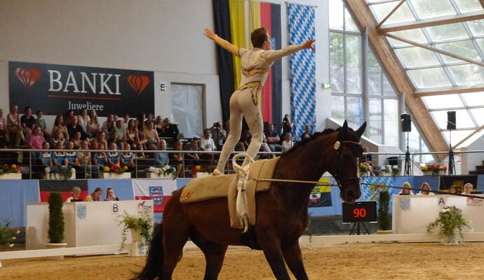 Tom Lehner voltigiert auf Wallach Däumling in München zur Silbermedaille. Tom Lehner voltigiert auf Wallach Däumling in München zur Silbermedaille.