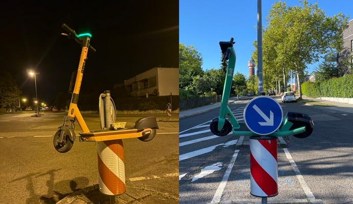 PZ-news-Leserin Corinna Strohhäcker hat den kurios parkenden E-Roller (links) im Rodgebiet fotografiert. Das gleiche Szenario, ein paar Wochen eher, zeigt das rechte Bild.