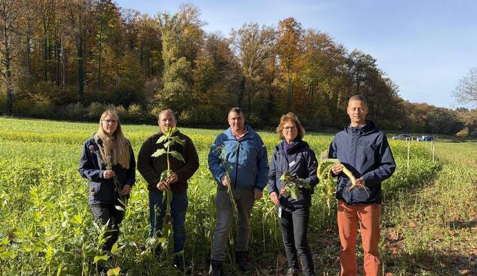 Wasserschutzgebieterin Nicole Wenz, die Landwirte Jan Hottinger und Joachim Fuchs, Landwirtschaftsamtsleiterin Corinna Benkel un Wasserschutzgebieterin Nicole Wenz, die Landwirte Jan Hottinger und Joachim Fuchs, Landwirtschaftsamtsleiterin Corinna Benkel und Dezernatsleiter Holger Nickel sind überzeugt, dass sich der Zwischenfruchtanbau positiv auf das Grundwasser auswirkt.
