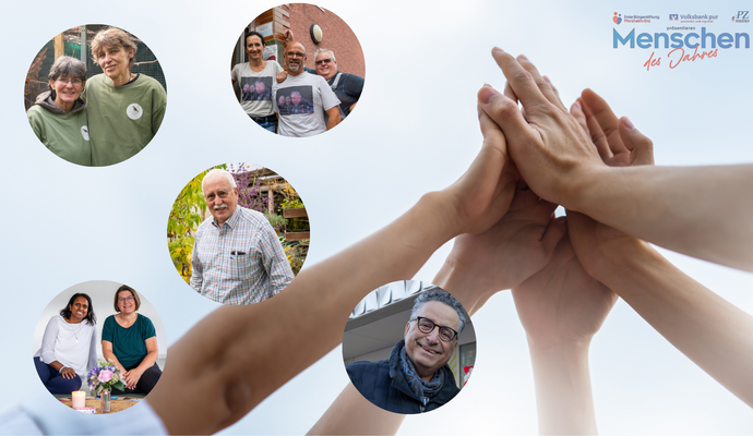 Stehen als Menschen des Jahres zur Wahl: Maria-Helena (links) und Melanie van Beers (oben links): die „Straßenengel“ (oben rechts), Wolfgang Ballarin (Mitte), Melanie Klotz und Julia Gerhard (unten links) sowie Rami Suliman (unten rechts). Stehen als Menschen des Jahres zur Wahl: Maria-Helena (links) und Melanie van Beers (oben links): die „Straßenengel“ (oben rechts), Wolfgang Ballarin (Mitte), Melanie Klotz und Julia Gerhard (unten links) sowie Rami Suliman (unten rechts).