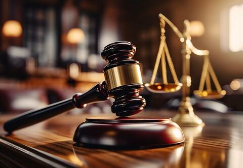 Close-up of gavel on judge desk, symbolizing court trial, justice and legal decisions in courtroom