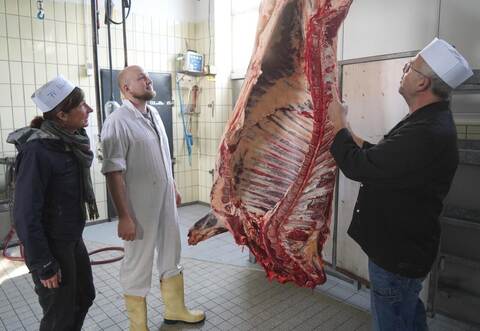 Lehrerin Katharina Heiderich hört interessiert zu, als Dennis Schröder und Metzgermeister Andreas Beier (von links) erklären, wie bei ihnen alle Teile des Tieres optimal verwertet werden. Für sie geht es dabei auch um Nachhaltigkeit.