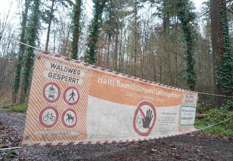 Banner weisen auf Baumfällarbeitenim Wald hin.