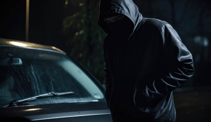 Burglar in a black mask tries to open a car in a parking lot at night. Car thief