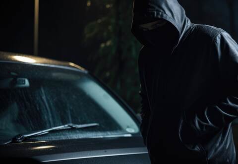 Burglar in a black mask tries to open a car in a parking lot at night. Car thief