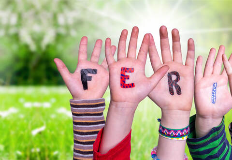 Children Hands Building Word Ferien Means Holidays, Grass Meadow