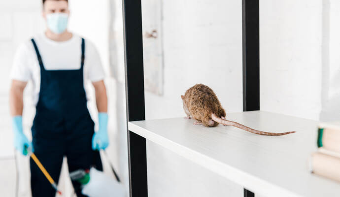 selective focus of rat near exterminator holding toxic equipment