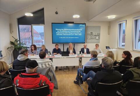 Neuhausens Bürgermeisterin Sabine Wagner (Mitte) gibt mit dem Gemeindewahlausschuss offiziell das Ergebnis des Bürgerentscheids zur Abschaffung der Unechten Teilortswahl bekannt.