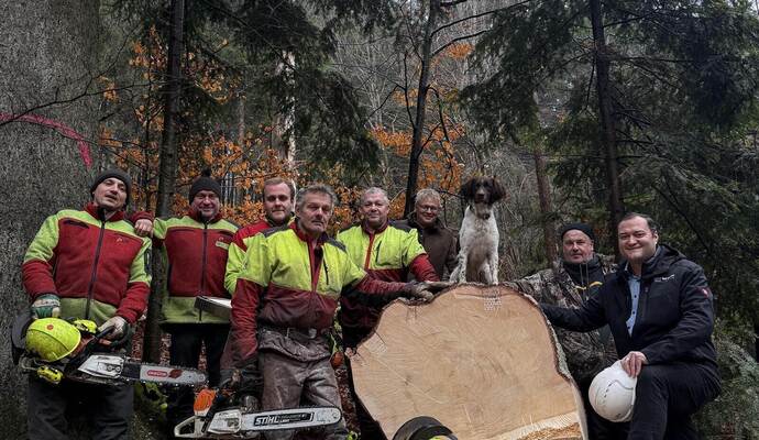 Mit der Waldarbeiter-Mannschaft freuen sich auch Förster Andreas Wacker und Bürgermeister Marco Gauger (rechts) sowie der Kleine Münsterländer Theo über dieenormen Einnahmen, die durch hohe Holzpreise erzielt werden konnten.