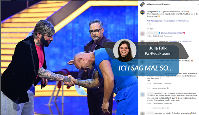Da verneigt sich Reality-TV-Legende Thorsten Legat (rechts) noch vor dem Maulbronner Modezar Harald Glööckler, dahinter Moderator Matthias Opdenhövel. Am Ende setzte sich Legats "Kasalla" aber gegen Glööcklers "pompöös" durch.
