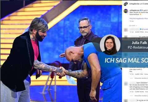 Da verneigt sich Reality-TV-Legende Thorsten Legat (rechts) noch vor dem Maulbronner Modezar Harald Glööckler, dahinter Moderator Matthias Opdenhövel. Am Ende setzte sich Legats "Kasalla" aber gegen Glööcklers "pompöös" durch.
