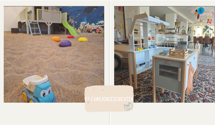 Im Indoor-Sandkasten des Familiencafés „Dalino“ (linkes Bild) auf dem Haidach inhalieren die Kinder beim Spielen Salzsole. Das soll die Atemwege frei machen und das Immunsystem stärken. Im „Café Luise“ (rechtes Bild) in der Pforzheimer Goldschmiedeschulstraße können Kinder und ihre Eltern parallel spielen und Kaffee trinken.