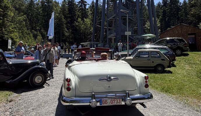 Was für ein Ausblick: Rund 50 Oldtimer stehen am Aussichtsturm.