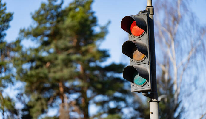 Traffic signal showing red against soft forest backdrop, city street regulation, commuting safety and transport management