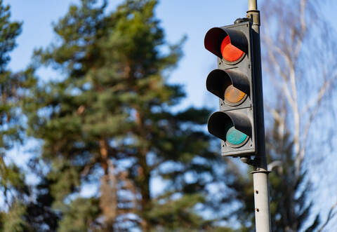 Traffic signal showing red against soft forest backdrop, city street regulation, commuting safety and transport management