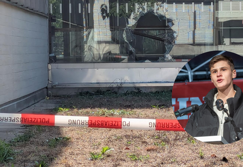 Auf der Rückseite des Reuchlinhauses klaffte nach der Tat ein riesiges Loch in der Scheibe, das inzwischenabgedeckt ist. Hier von der Dr.-Brandenburg-Straße aus schlug ein Augenzeuge Alarm.