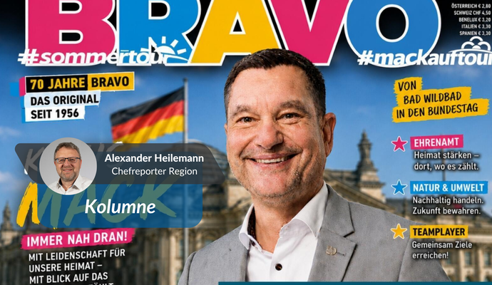 Klaus Macks Glückwunsch an die Jugendzeitschrift, bei der er sich als Verbeugung auf ein Titelblatt mogelt.