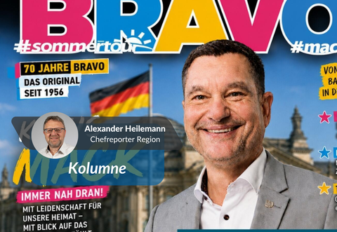 Klaus Macks Glückwunsch an die Jugendzeitschrift, bei der er sich als Verbeugung auf ein Titelblatt mogelt.