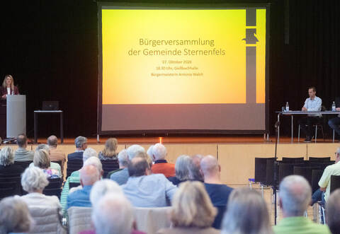 Vor rund 160 Einwohnern informieren Antonia Walch, Dominik Laudamus und Tobias Holzwarth (oben von links) über aktuelle Themen und Vorhaben der Gemeinde.