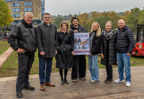 Die hochmotivierten Macher der Winterwelt: Aufbau-Chef Stefan Völpel, WSP-Direktor Oliver Reitz mit seinem Team Kirsten Krehl, Max Lud und Fine Weber-Sieb sowie die Stadl-Gastronomen Sandra Noack und Rafael Müller (von links).