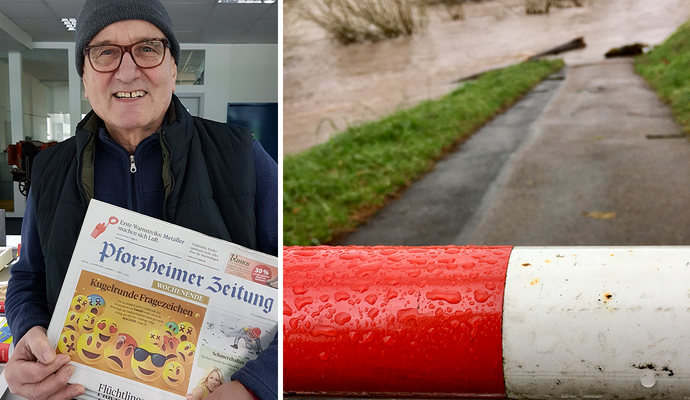 Zeitungsträger Walter Streb musste am Freitagmorgen hilflos miterleben, wie sein Auto knietief vom Nagold-Hochwasser umspült wurde. Er kämpfte sich dann über einen Umweg zu Fuß durch den Wald in Richtung Schellbronn, um doch noch die Abonnenten mit der "Pforzheimer Zeitung" beliefern zu können.