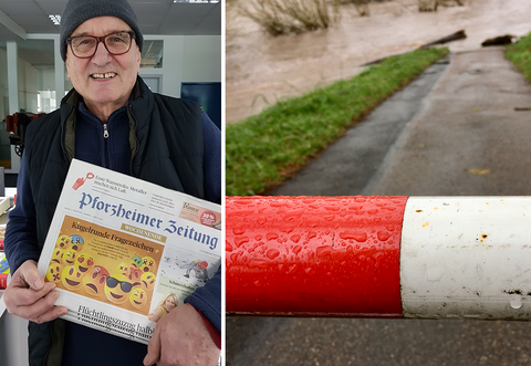 Zeitungsträger Walter Streb musste am Freitagmorgen hilflos miterleben, wie sein Auto knietief vom Nagold-Hochwasser umspült wurde. Er kämpfte sich dann über einen Umweg zu Fuß durch den Wald in Richtung Schellbronn, um doch noch die Abonnenten mit der "Pforzheimer Zeitung" beliefern zu können.