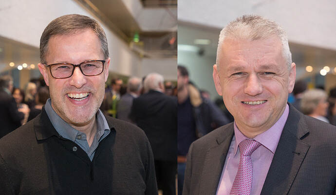Michael Seiß und Jörg-Michael Teply wollen in ihren Gemeinde wieder zum Bürgermeister gewählt werden. Fotos: Meyer