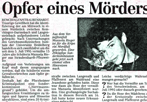Ende Juli 1995 hatte die "Pforzheimer Zeitung" über das traurige Schicksal der 15-jährigen Manuela R. berichtet.