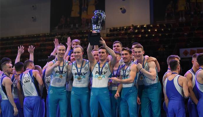 Vorerst bleibt die KTV Straubenhardt amtierender deutscher Meister in der Deutschen Turnliga. Hier das Siegerfoto von 2019 in Ludwigsburg. Vorerst bleibt die KTV Straubenhardt amtierender deutscher Meister in der Deutschen Turnliga. Hier das Siegerfoto von 2019 in Ludwigsburg.