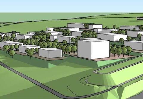 •So sieht das angestrebte Gewerbegebiet an der A 8 in Niefern in der dreidimensionalen Darstellung aus: Jedes Gebäude steht auf einem eigens ausgelegten Sockel, um den Boden abzudichten. Die Gemeinde macht den Betrieben extrem hohe Bauauflagen.