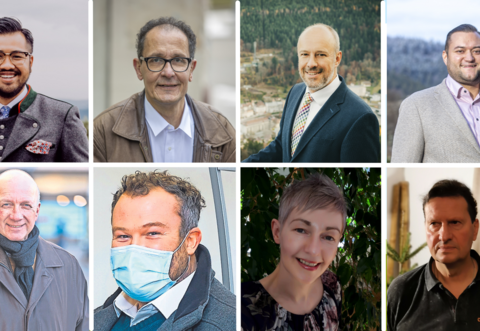 Diese acht bewerben sich um den Chefsessel im Bad Wildbader Rathaus (oben von links nach rechts): Fabian Weiler, Thomas Anhalt, Dietmar Fischer, Marco Gauger, und (unten von links nach rechts) Frank Drollinger, Fabian Schmitt, Viola Knaus, Egon Nagel.