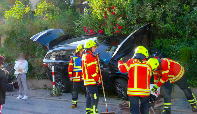 In Schräglage steht der Skoda auf der Gartenmauer.