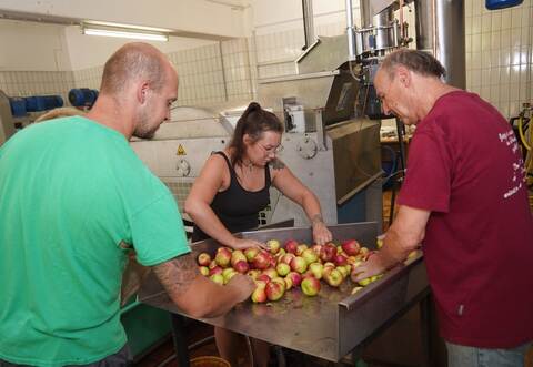 Marco Augenstein (von links), Melina Zepp und Wolfgang Schroth gehören zu den Ehrenamtlichen, die den Betrieb der Gemeindemoste durch viel persönliches Engagement möglich machen.