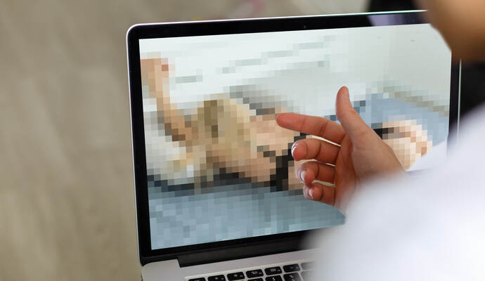 Zwei Personen im Kreis Calw und in Pforzheim wurden im Internet sexuell erpresst. closeup of a young caucasian man watching a nude woman in his computer