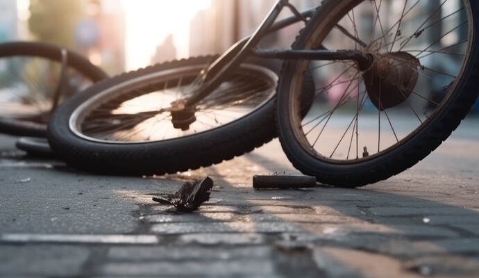 Lebensgefährlich verletzt wurde ein Radfahrer in Hirsau. broken bike accident lies on the road. concept of traffic safety