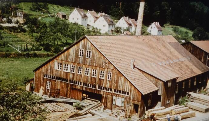 Vor dem Brand von 1973 stand das Calmbacher Sägewerk mit dem 35 Meter hohen Kamin so da.