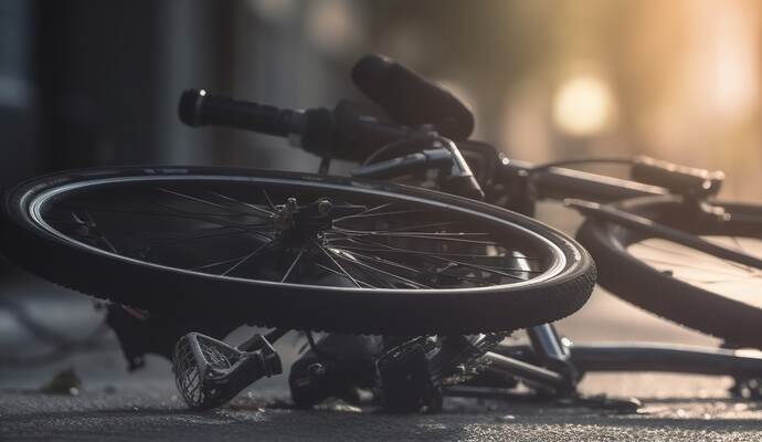 In Bad Wildbad ist ein betrunkener Mann mit seinem Fahrrad gestürzt. Road accident scene with destroyed bike. Bicycle crash on roadside illustration. Outdoor urban background with copy space. AI ge