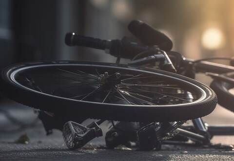 Road accident scene with destroyed bike. Bicycle crash on roadside illustration. Outdoor urban background with copy space. AI ge