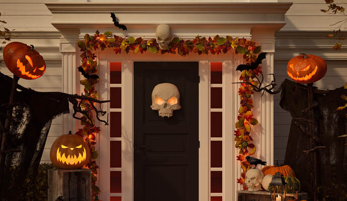 halloween decorated house with pumpkins and skulls. 3d rendering