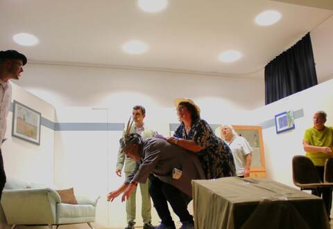 Für witzgespickte Szenen sorgten beim Theater des TV Singen die Schauspieler Dirk Schneider (von links), Niklas Bräuninger (hinten), Uwe Kaucher, Iska Doberstein, Klaus Giek, Damaris Haag und Melanie Di Piazza.