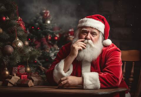 Sad Santa Claus sitting on the background of a Christmas tree