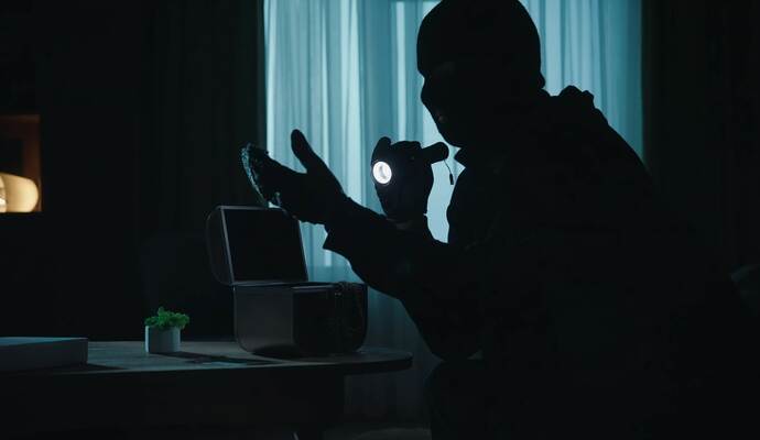 A thief in a black balaclava commits a burglary, stealing valuables. Criminal in a dark apartment with a flashlight close up. Cr