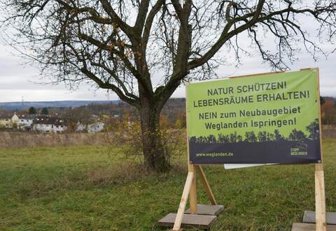 Mit Schildern wie diesen zeigen die Gegner auch den vorbeikommenden Autofahrern, was sie von dem Neubaugebiet „Weglanden“ halten, das in Ispringen dereinst am nordöstlichen Ortsrand entstehen könnte.