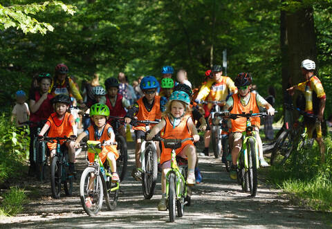 Als die Kinder beim Jünglingsplatz außerhalb von Ispringen losfahren, geht es für sie zunächst eine Weile durch den Wald.