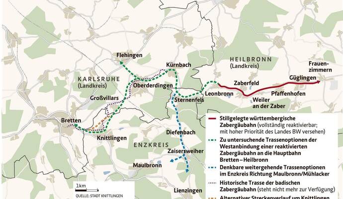 Mögliche Verläufe der Zabergäubahn mit Verlängerungen in den Enzkreis.