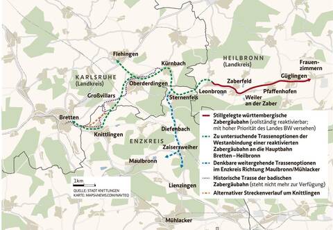 Mögliche Verläufe der Zabergäubahn mit Verlängerungen in den Enzkreis.