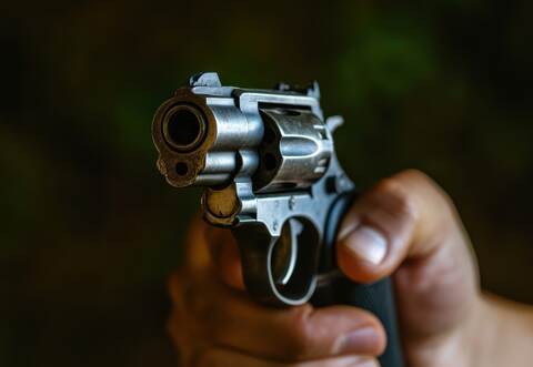 A person holds a revolver in a dimly lit location, showcasing the firearm\'s intricate details and craftsmanship